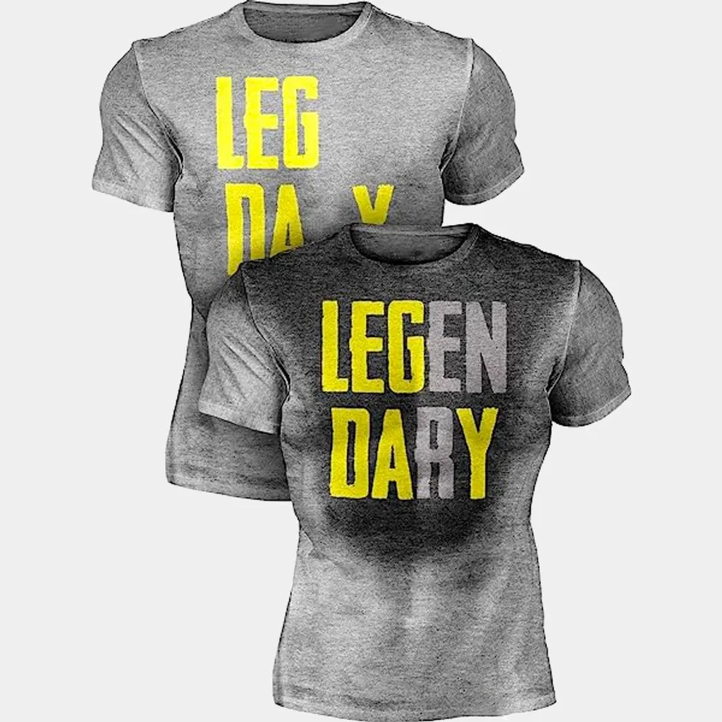 Legendary Baskılı Tişört — kuruyken LEG DAY, terleyince LEGENDARY (yan yana karşılaştırma)