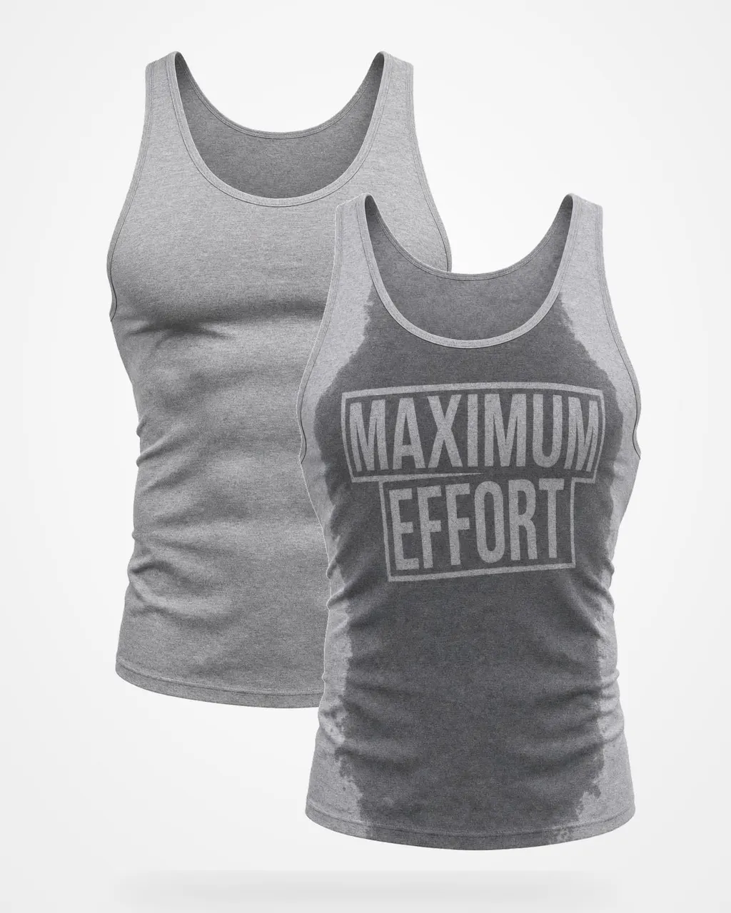 Maximum Effort Baskılı Atlet — ter öncesi ve ter sonrası hâli yan yana
